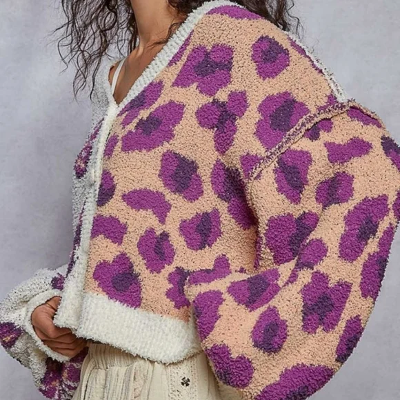POL Butterfly & Leopard Contrast Cardigan, NIB, MED, Peach/Purple, New Release🦋 - Picture 3 of 16